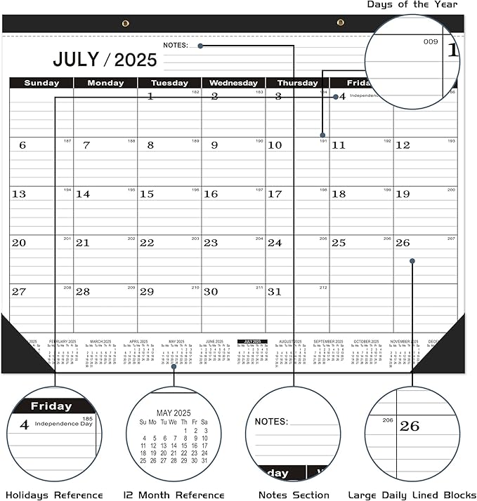 Desk Calendar 2025-2026 large 22 x17 (July 2025-December 2026) 2025-2026 Desk Calendar Large 22 x17,Classic Black Calendar 2025,Large Desktop Calendar 2026 with Plastic Cover