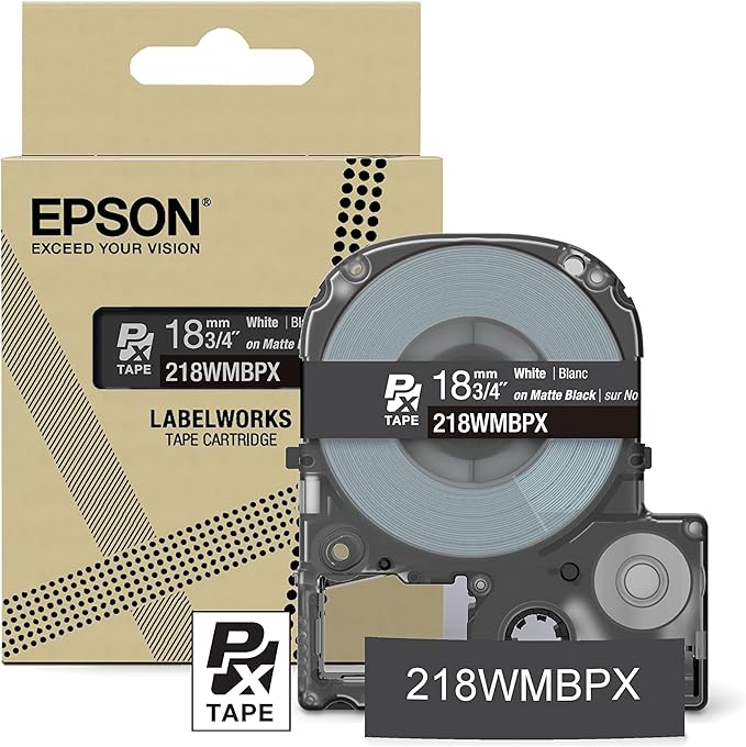 Epson LABELWORKS 218WMBPX Genuine PET (Polyester) Tape Cartridge - White on Matte Black Designer Craft Label Maker Tape - 3/4" (18MM) Wide, 26'