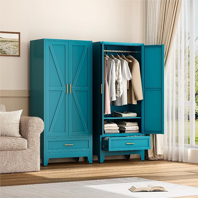 Farmhouse Wardrobe Cabinet with 2 Drawers,Metal Wardrobe Closet with Hanging Rod,Metal Armoire with Adjustable Shelves for Bedroom,Living Room, Cloak Room,Office (Blue)