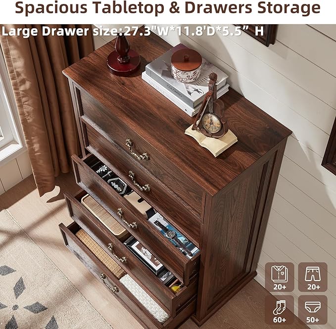 Farmhouse 5 Drawer Dresser Set of 2 for Bedroom, 45" Tall Rustic Chests of Drawers w/ 4 Solid Wood Feet, Mid Century Vintage Wooden Closet Storage Dressers Organizer for Living Room, Brown