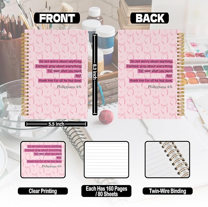 Coquette Pink Bows Christian Spiral Notebook, Scripture Bible Verses Journaling Notebooks for Church Office School, Preppy Girly Hardcover Journals for Teen Girls Women, 160 Pages 5.5 x 8.3 Inch