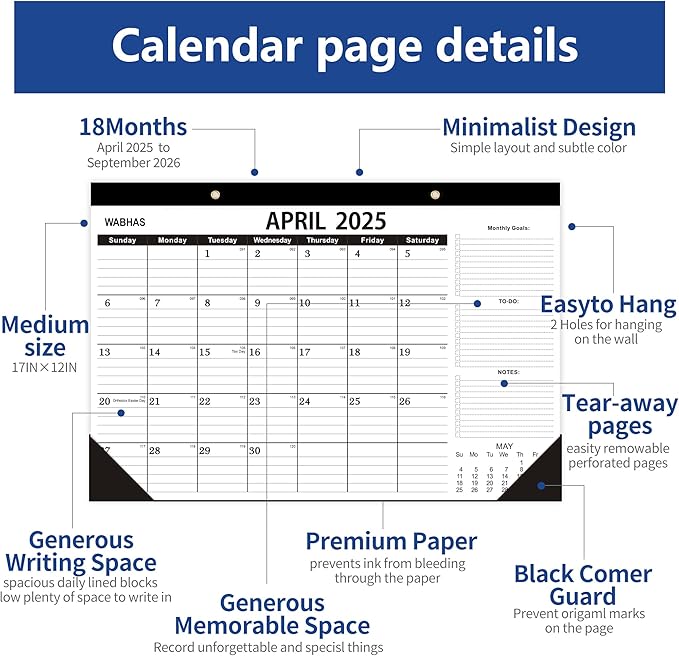 Desk Calendar 2025-2026,April 2025 to September 2026-Calendar 2025-2026 -18 Months,Desk Calendar 2025-2026 with to-do List,Thick Paper,17" x 12" For Planning.