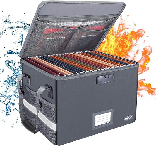 ENGPOW File Box with Lock, Fireproof Document Box with Zipper Lid, Collapsible File Organizer Storage Filing Cabinet with Handle, Portable Home Office Safe for Hanging Letter/Legal Folders, Grey