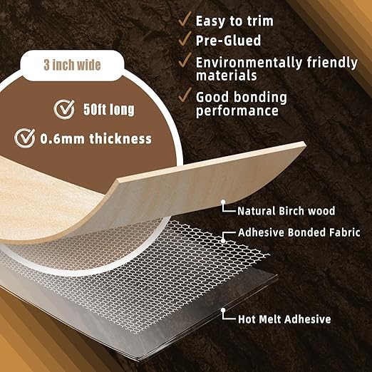 GSCIT Club Birch Edge Banding, 3 inch x 50ft roll of Veneer Edge Banding Preglued Flexible, Real Wood Tape Banding