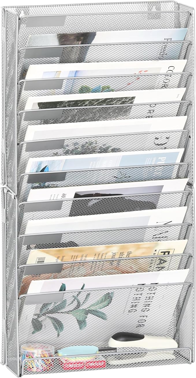 EasyPAG 11 Tier Wall File Holder with Flat Tray, Silver | Easy Assemble Mesh Desk File Organizer | 10-Folder Paper Storage | Replaceable Classify Labels | Space Saving Mail Organizer for Office Home