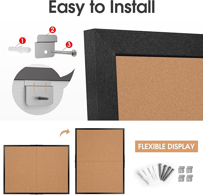 Board2by Cork Board Bulletin Board 36 x 48, Black Wood Framed 4x3 Corkboard, Foldable Office Board for Wall Decor, Large Wall Mounted Notice Pin Board with 36 Push Pins for School, Home & Office