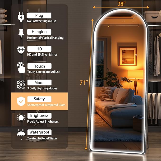 Hasipu 65" x 22" Led Mirror, Full Length Mirror with Lights, Arch Design, Wall Mounted, Modern Style