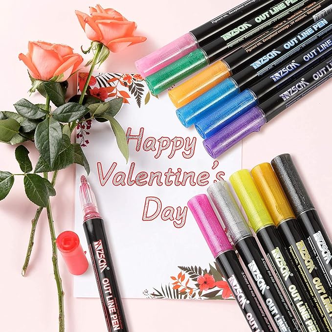 Double Line Outline Metallic Markers,Super Squiggles Shimmer Markers Pen,12 Colors Self-Outline Metallic Markers Glitter Writing Drawing Pens for Christmas Card Writing,Posters,DIY Art Crafts