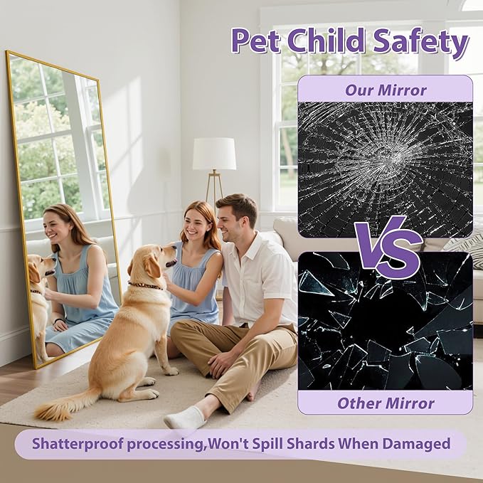 Full Length Mirror, 71"x28" Oversized Floor Mirror Freestanding, Full Body Mirror Floor Standing Mirrors with Stand, Hanging Mounted Mirrors for Bedroom Living Room, Gold, Rect Style