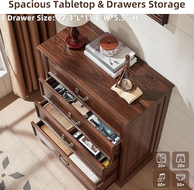 Farmhouse 4 Drawer Dresser Set of 2 for Bedroom, 37" Tall Rustic Chests of Drawers w/ 4 Solid Wood Feet, Mid Century Vintage Wooden Closet Storage Dressers Organizer for Living Room, Brown