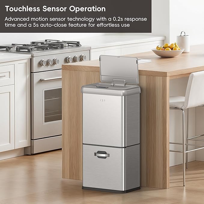 EKO Vintage 50L / 13.2 Gallon Motion Sensor Trash Can, Dual Compartment 32L + 18L Stainless Steel Kitchen Garbage Bin, Touchless Automatic Waste & Recycling Bin with Lid for Home or Office