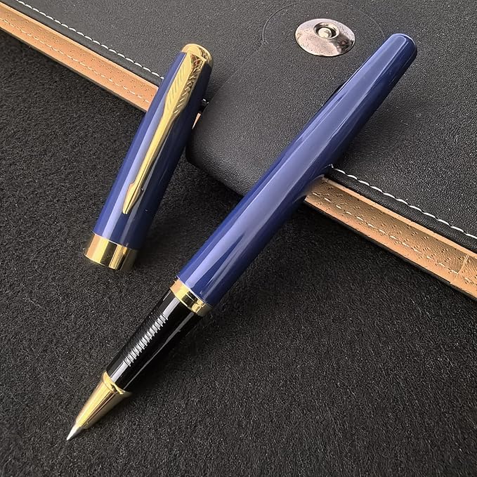 HSK Ballpoint Pens Executive Fountain Pen with Gold Trim, Gift Box Set, Available in Black, Red, Navy Blue,Black Refill Line width 0.5mm (Blue)