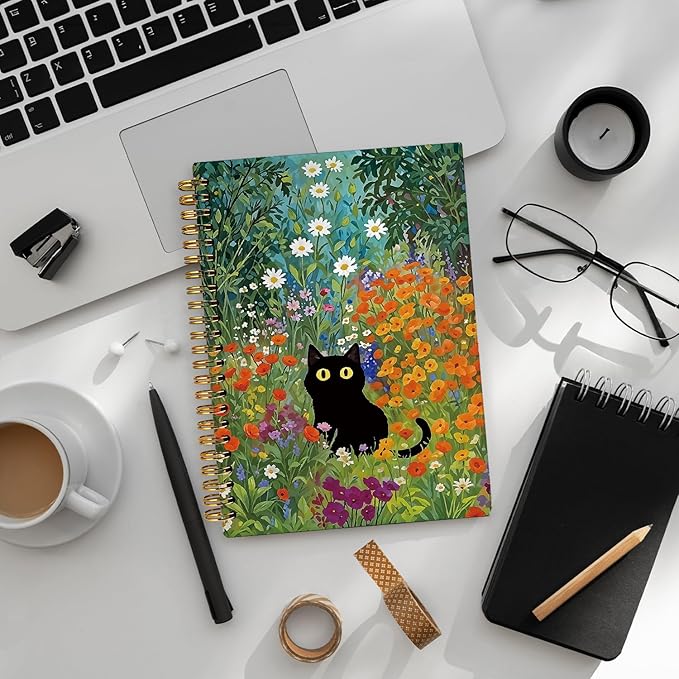 Cute Cat Notebook Journal, Cat Gifts for Girls, Cat Lover Gifts for Women Men, Funny Black Cats Floral Spiral Notebook, Cats Notepad for School Supplies 5.5x8.3 Inch