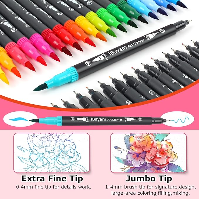 iBayam Dual Brush Marker Pens, 36 Colors Fine Tip Markers, Double Tip Brush Pens for Adult, Coloring Marker for Coloring Book, Cute School Supplies, Arts and Crafts Office Desk Supplies