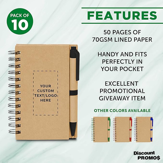 Custom Mini Spiral Notebooks with Black Ink Pens Set of 10, Personalized Bulk Pack - Perfect for School, Office, Business, Home - Black