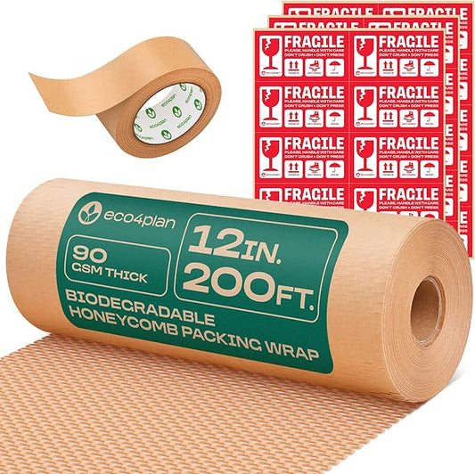 Honeycomb Packing Paper | Extra Thick 90 GSM Packing Wrap | Biodegradable Packing Materials: 12” x 200’ Moving Paper + 195’ Cellulose Adhesive Tape + 30 Fragile Stickers | Paper Bubble Wrap