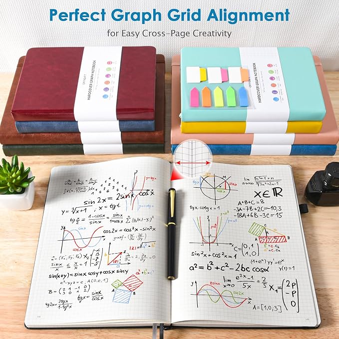 Graph Paper Notebook, 312 Numbered Pages Large A4 Hardcover Leather Journal, 100gsm No Bleed Grid Paper Notebook with Index Pages, Squared Grid Notebook for Graphing Notes Math, 8.5'' × 11'', Grey