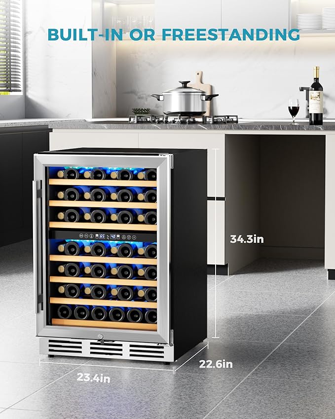 EUHOMY 24 Inch Wine Cooler Refrigerator 54 Bottl-Dual Zone, Built-in or Freestanding Wine Fridge with Glass Door, Wine Refrigerator for Home Bar Kitchen
