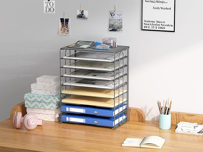 EasyPAG Mesh Desk Filer Organizer Tray 8 Slot Office Desk Paper Storage Organizer for A4 / Letter Sizer Floder, Silver