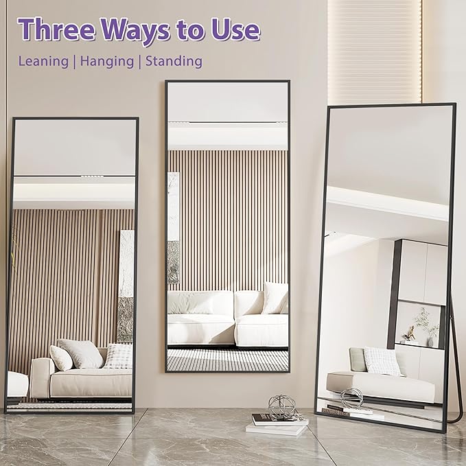 Full Length Mirror, 71"x28" Oversized Floor Mirror Freestanding, Full Body Mirror Floor Standing Mirrors with Stand, Hanging Mounted Mirrors for Bedroom Living Room, Black, Rect Style