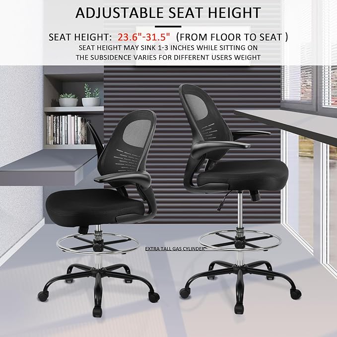 HYLONE Drafting Chair Tall Office Chair with Flip-Up Armrests Ergonomic Computer Chair with Lumbar Support Adjustable Footrest Ring Mesh Standing Desk Chair (Black)