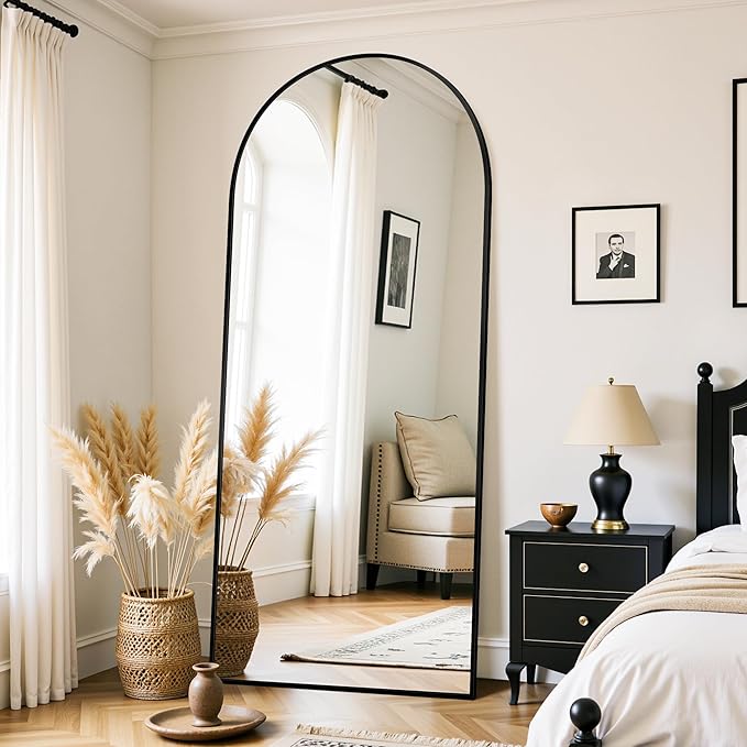 Full Length Mirror, 71"x28" Oversized Floor Mirror Freestanding, Full Body Mirror Floor Standing Mirrors with Stand, Hanging Mounted Mirrors for Bedroom Living Room, Black, Arched Style