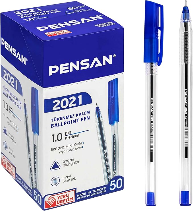 Blue Ballpoint Pens,1.0 mm Medium Point, Blue Pens, Ergonomic Triangle Grip, 50-Count Pack of Bulk Pens