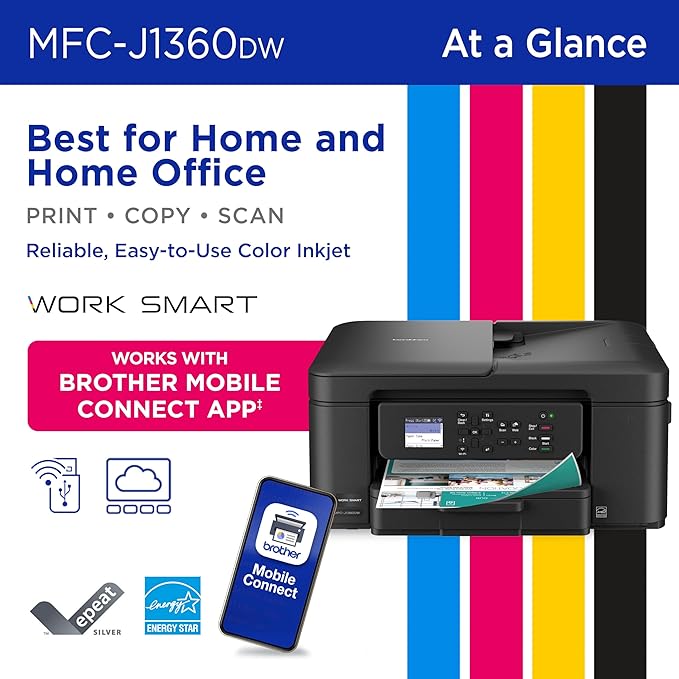 Brother Work Smart 1360 Wireless Color Inkjet All-in-One Printer with Automatic Duplex Printing and 1.8” Color Display | Includes Refresh Subscription Trial(1) (MFC-J1360DW) (Uses LC501 Series Inks)