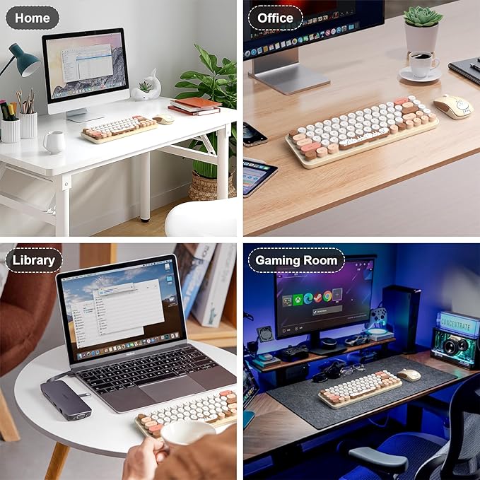 FOPETT Wireless Keyboard and Mouse Cute Mouse and Keyboard 2.4G Wireless Keyboards with Colorful 68 Keys Typewriter Retro Round Keycap for PC, Laptop,Tablet,Computer Windows - Milk Tea Colorful