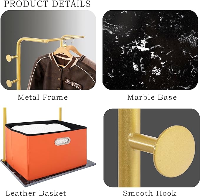 Heavy Duty Coat Rack with Storage Basket Metal Hanging Clothes Rack with Marble Base Modern Standing Clothing Rack for Entryway Bedroom Living Room Hotel 19.69 x 13.39 x 67.72 Inches (Gold)