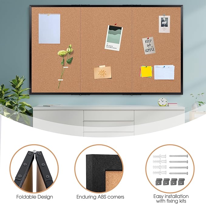 Board2by Extra Large Cork Bulletin Board 96" X 48", Foldable Notice Pin Board for Wall, Black Woodm Framed 8'x4' Corkboard, Wall Mounted Noticeboard with 32 Push Pins for School, Home & Office