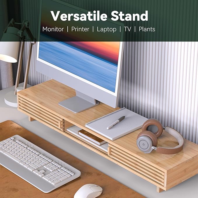 Dual Monitor Stand Riser with Sliding Door, Double Computer Laptop Stand Desk Shelf Organizer with Storage (Natural Bamboo, 38 Inch)