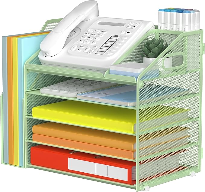 DocNest 5 Tier Paper Letter Tray File Organizer, Mesh Desk File with Handle, Workspace Desk Organizers with Pen Holder, Office Organization Storage Accessories - Green