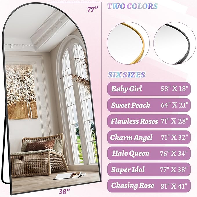 Full Length Mirror, 78"x38" Oversized Floor Mirror Freestanding, Full Body Floor Standing Mirror with Stand, Hanging Mounted for Bedroom Living Room, Black, Arched Style