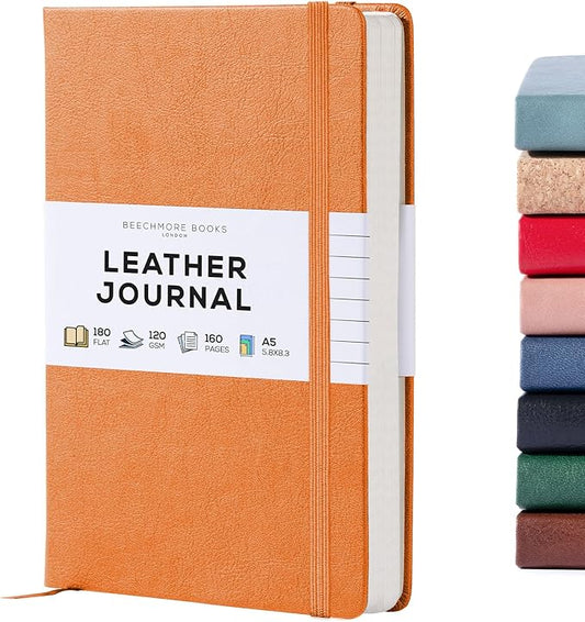 BEECHMORE BOOKS Lined Journal Notebook, 5.8 x 8.3 inch, A5 160 Lined Pages, Hardcover Leather Journals for Women, Men, Writing and Notebooks for Work - 120 GSM Thick Paper, Gifts Box Included