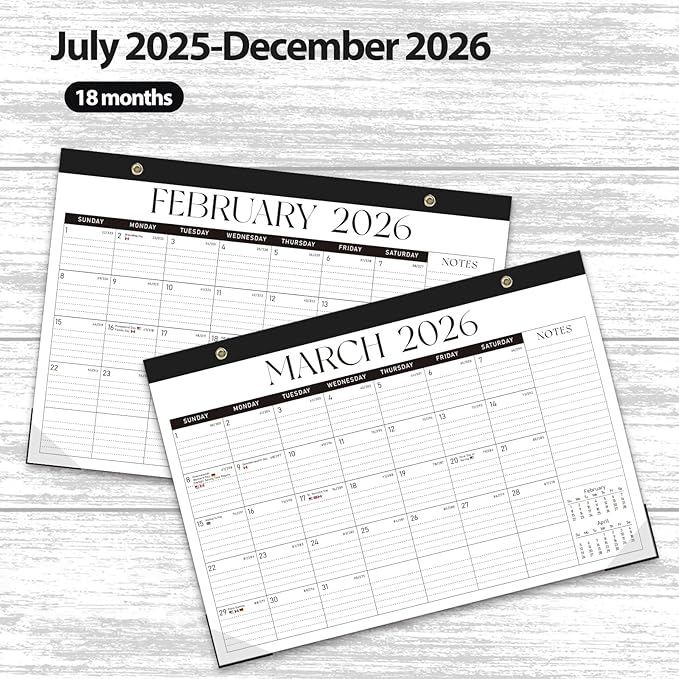 Desk Calendar 2025-2026, Monthly Desktop Large Calendar (July 2025-December 2026) Desk Wall Planner for Family Office Teacher School, 17" x 12" Black-White