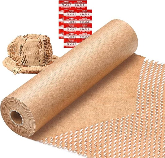 Honeycomb Packing Paper Wrap 15" x200' Sustainable Alternative to Bubble Cushioning Wrap for Moving/shipping/packing Roll with 20 Fragile Sticker Biodegradable & Fully Recylable