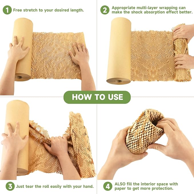 Honeycomb Packing Paper Wrap 15''x820', Substitute Alternative for Bubble Cushioning Wrap for Moving Shipping Packaging, Recyclable Moving Supplies with 48 Fragile Sticker Labels