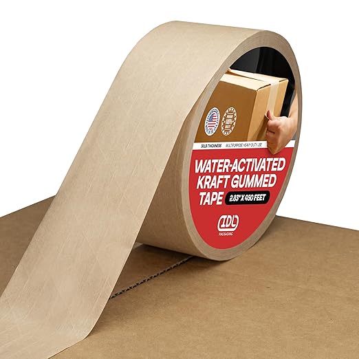 IDL Packaging 2.83" x 450 feet Reinforced Water-Activated Kraft Gummed Tape 30lb Thickness - Secure Paper Packing Tape for Secure Carton Sealing - Heavy-Duty Adhesive for All Conditions, Brown