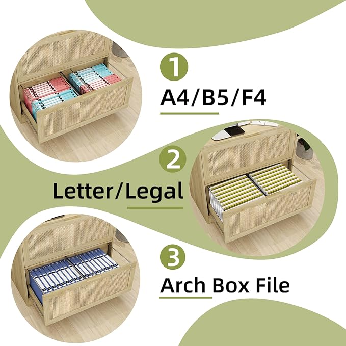 HOPUBUY 2 Drawer File Cabinet with Lock, Printer Stand Lateral Filing Cabinets for Home Office and School, Wood Rattan File Cabinet for Hanging Files/Letter/Legal/A4/F4 Size, Oak