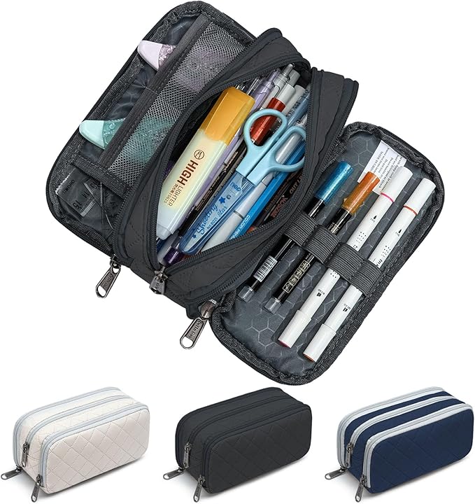 Della Gao Small Pencil Case Large Capacity Pencil Pouch Marker Pen Bag Coin Pouch Office Stationery Organizer (Black-3BKRH)