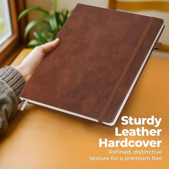 Classic Lined Journal Notebook 8.5x11" A4 Hardcover Leather - Brown - 200 Pages College Ruled Large with Sticky Tabs, Pockets, and Pen Loop for Writing and Journaling - Big Hardback Men and Women