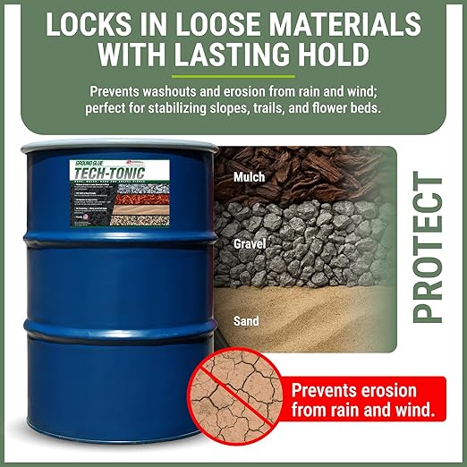 Ground Glue Tech-Tonic Landscape Adhesive for Rock, Mulch, and Sand, Weatherproof Long-Lasting Stabilizer for Trails & Slopes, Pet-Safe Binder for Pea Gravel, Bark & Flower Beds, 55 Gallon Tote