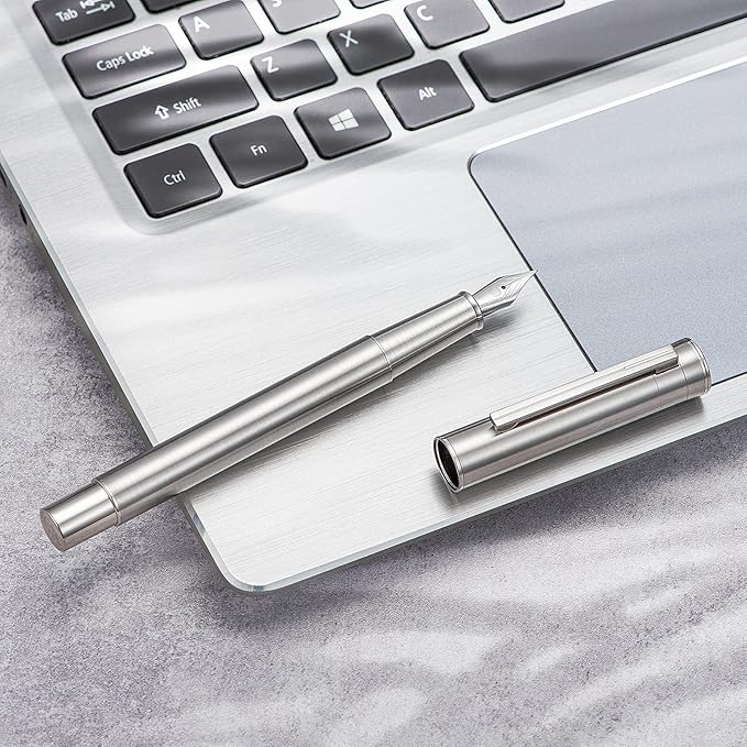 Hongdian 1861 Stainless Steel Fountain Pen Long Blade Nib, Classic Design Smooth Writing Pen with Converter and Metal Pen Case Set