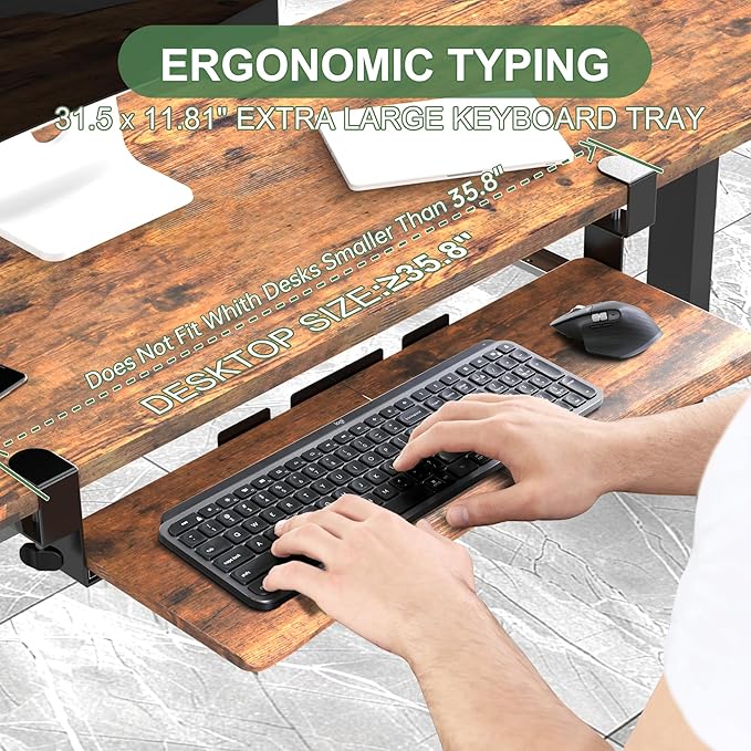 Extra Large Keyboard Tray Under Desk - Slide Out with Sturdy C-Clip Mount System, 31.5" (35.8" Including Clamps) x 11.8" Put-Out Keyboard Tray Computer Drawer, Rustic Vintage Brown
