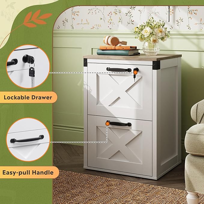 DEVAISE 2 Drawer File Cabinet with Lock, Wood Farmhouse Filing Cabinet for Home Office, Printer Stand Fits Letter and A4 Size, White