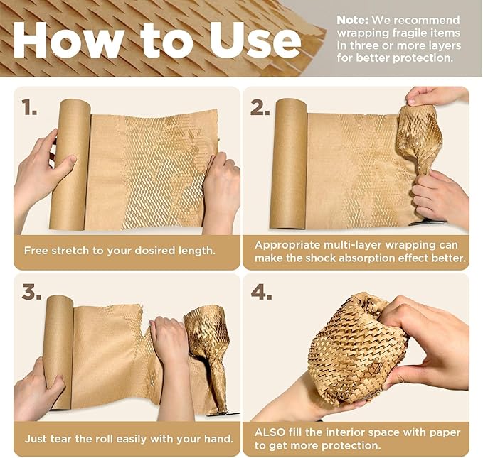 Honeycomb Packing Paper, 12"x300' Brown | Perforated Honeycomb Packing Paper Recyclable Moving Supplies for Shipping & Moving | Plastic-Free Alternative to Bubble Cushion Wrap with 36 Fragile Stickers