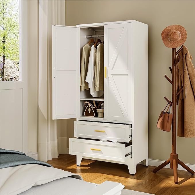 Farmhouse Wardrobe Cabinet with 2 Drawers,Metal Wardrobe Closet with Hanging Rod,Metal Armoire with Adjustable Shelves for Bedroom,Living Room, Cloak Room,Office (White)