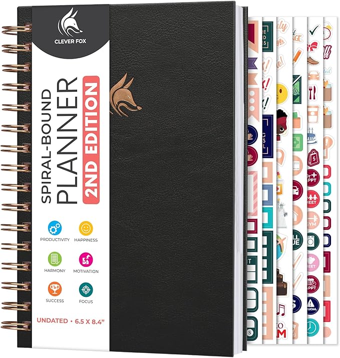 Clever Fox Planner 2nd Edition Spiral – Colorful Weekly & Monthly Goal Planner, Time Management & Productivity Organizer, Undated (Black)