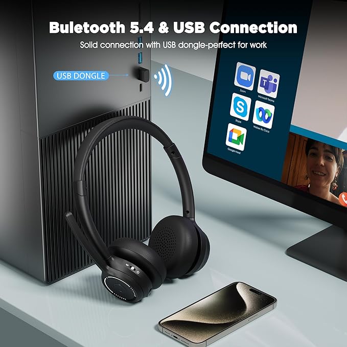 (2025 Upgraded) Wireless Headset with Mic for Work, Bluetooth Headset with Noise Canceling Microphone, Wireless On Ear Headphones with USB Dongle and Mute Mic for Computer